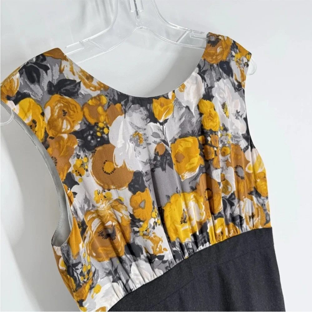 J Crew Silk Wool Dress Womens Size 6 Mustard Floral Charcoal Gray Sheath